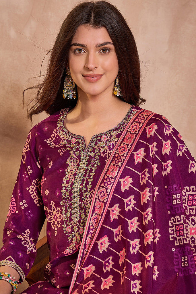 Purple Silk Blend Ethnic Motifs Printed Straight Kurta Trouser With Dupatta PKSKD3231