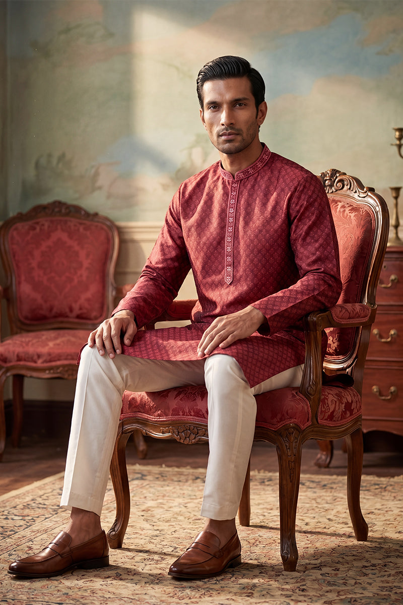 Maroon Jacquard Woven Design Straight Kurta With Trouser MKSET2342