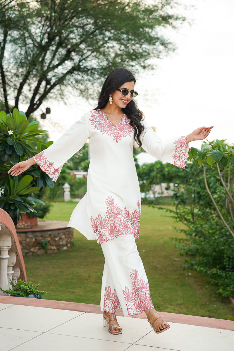 White Silk Blend Embroidered Straight Coord Sets HVCORD1135