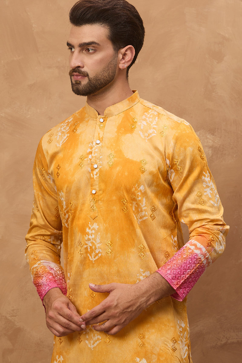Yellow Silk Blend Batik Embroidered Straight Kurta MKU1513