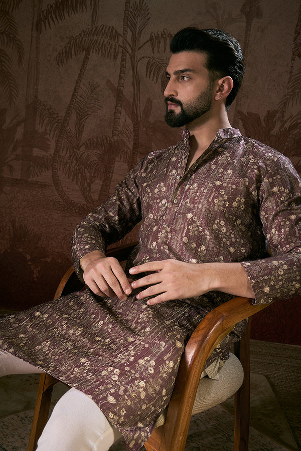 Mauve Silk Blend Floral Printed Straight Kurta With Trouser MKSET1932