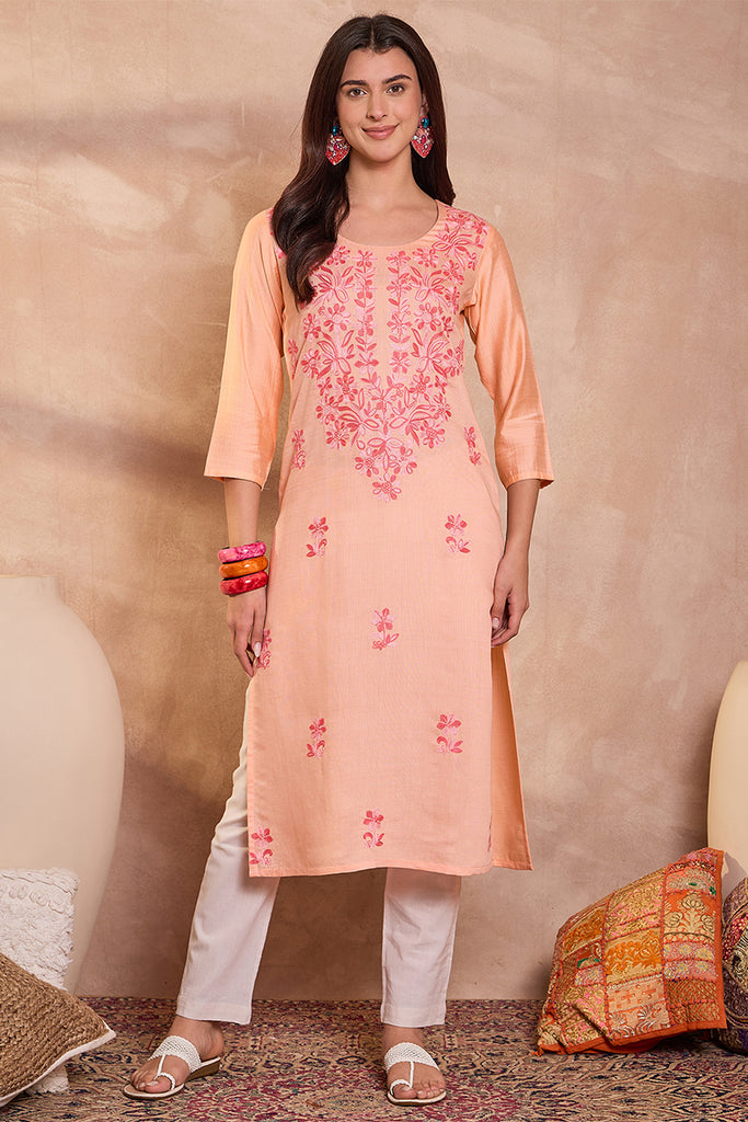 Peach Viscose Rayon Emboidered Kurti VCK9795