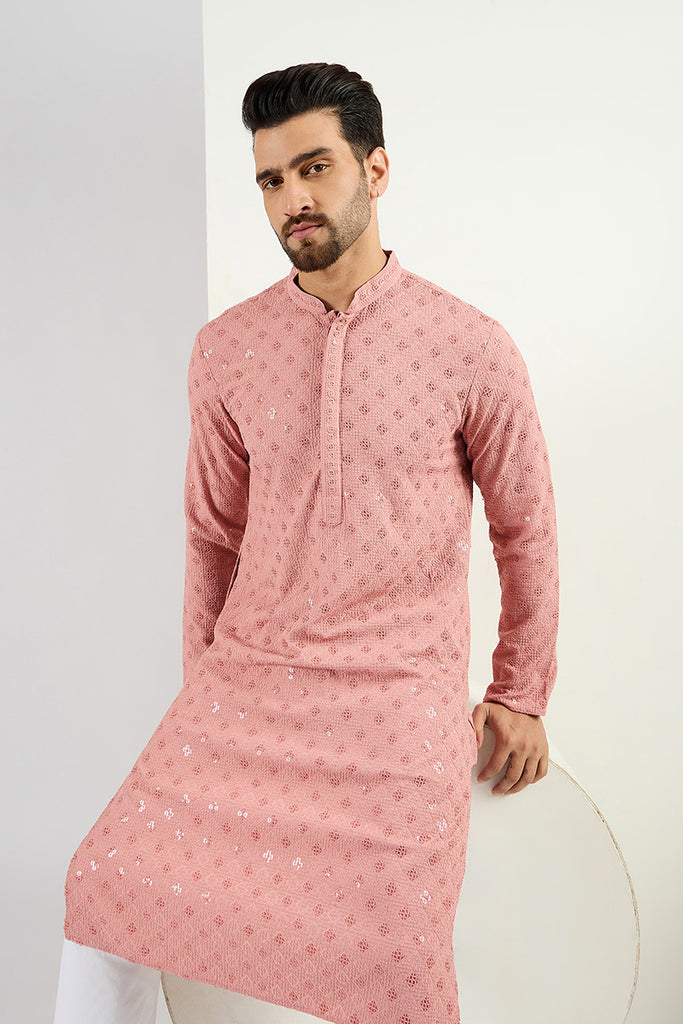 Ethnic Bay Pink Viscose Rayon Solid Embroidered Long Straight Kurta For Men MKU1060