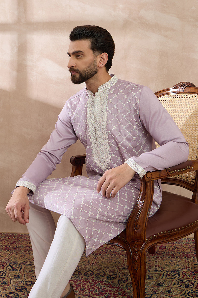 Lavender Silk Blend Embroidered Mandarin Collar Straight Kurta With Trouser MKSET1690