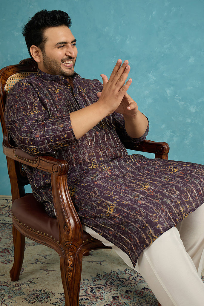 Violet Silk Blend Ethnic Motifs Zari Printed Kurta MKU1954