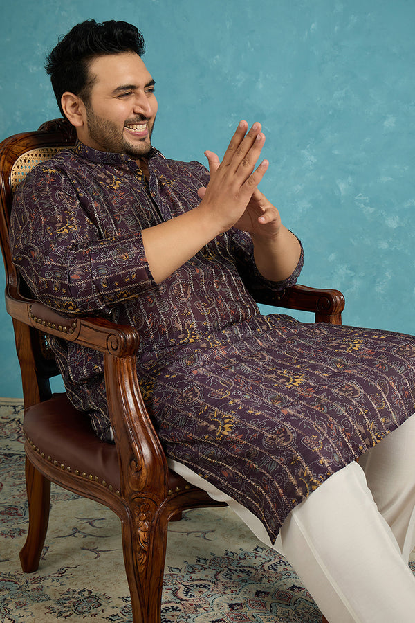 Violet Silk Blend Ethnic Motifs Zari Printed Kurta MKU1954