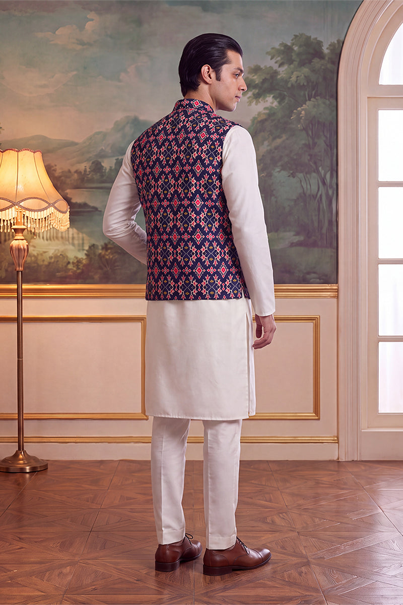 Navy Blue Silk Blend Patola Print Mandarine Collar Koti MKOT1048