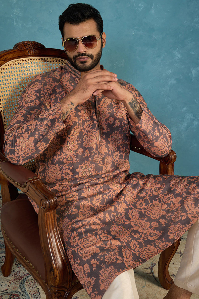 Grey Modal Floral Printed Calf Length Straight Regular Kurta With Trouser MKSET1980