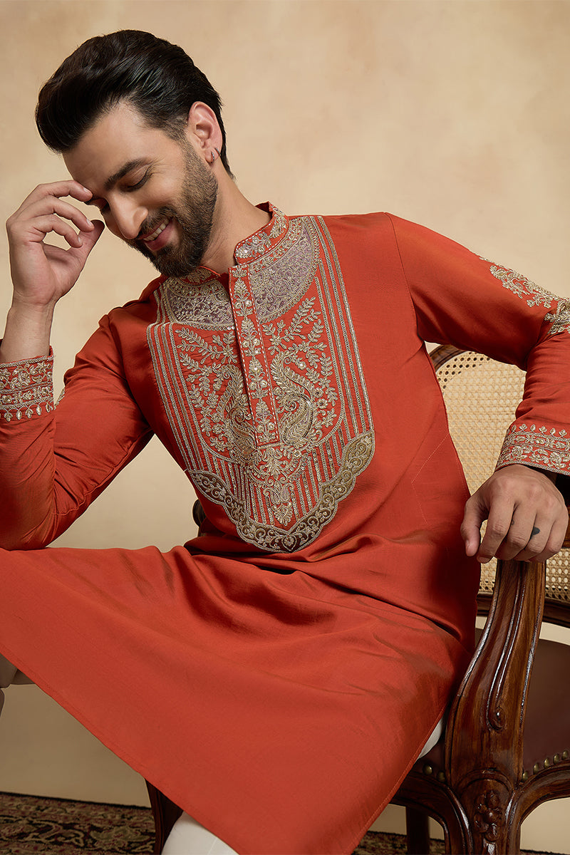 Orange Silk Blend Solid Embroidered Kurta MKU2449