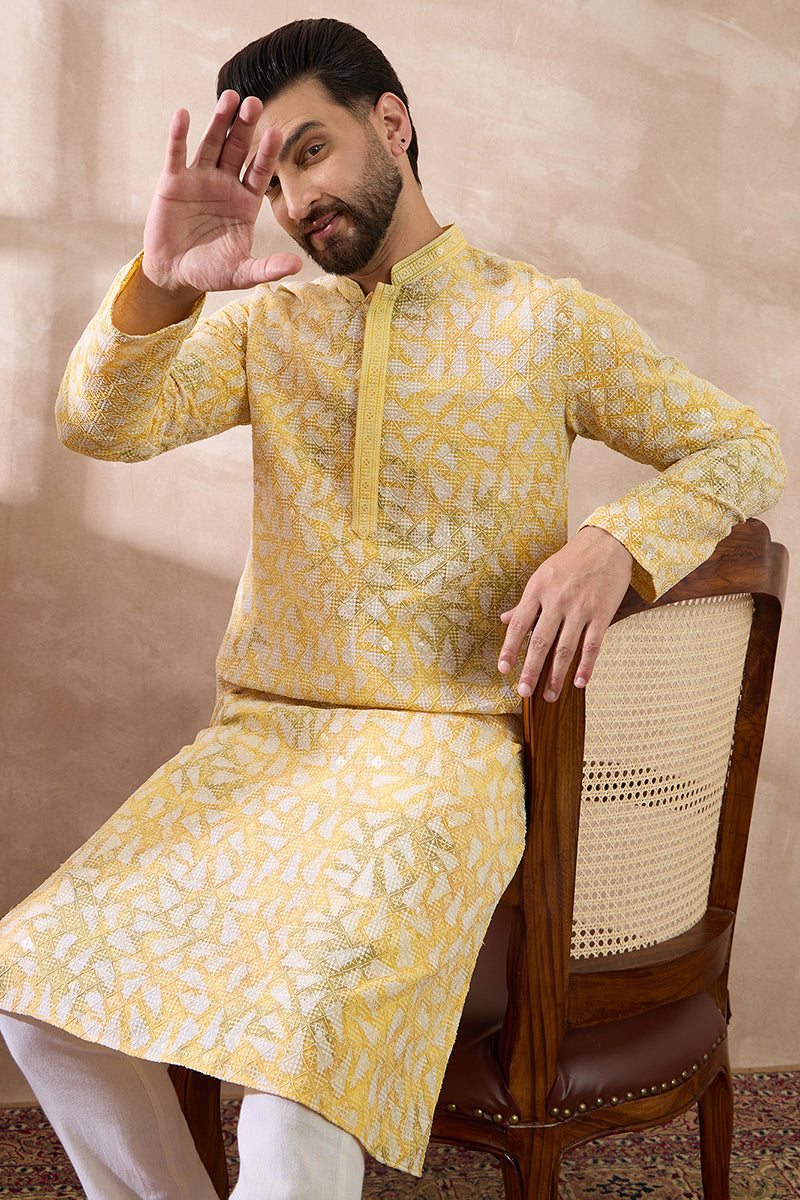 Yellow Viscose Rayon Solid Printed Straight Kurta With Trouser MKSET1657