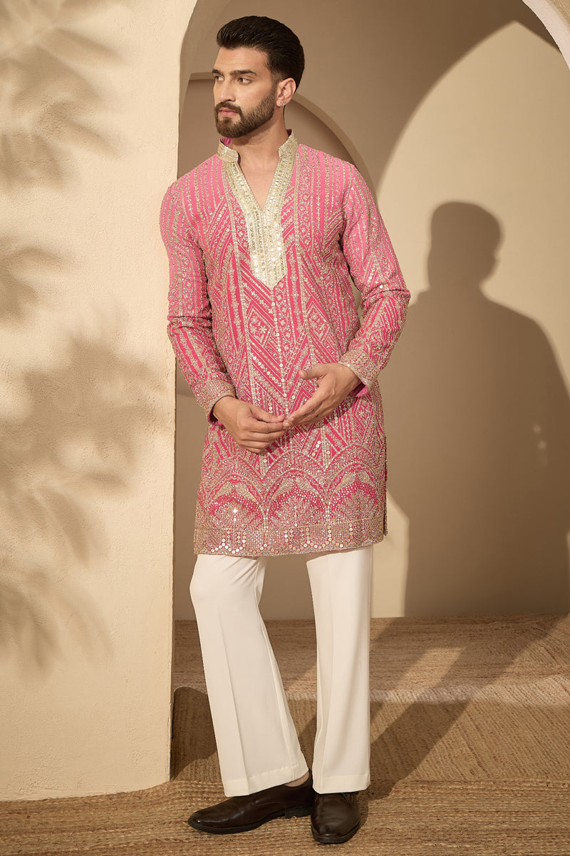 Pink Georgette Ethnic Motifs Embroidered V-Neck Kurta With Trouser MKSET2587