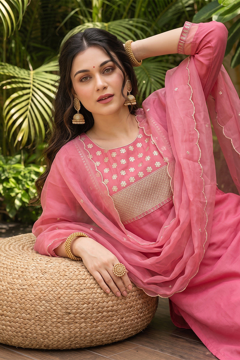 Pink Poly Silk Solid Sequin Straight Suit Set PKSKD1159
