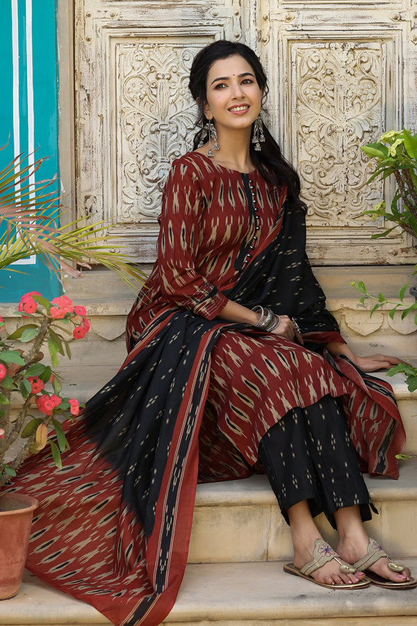 Brown Rayon Blend Straight Kurta Pant With Dupatta VKSKD1304