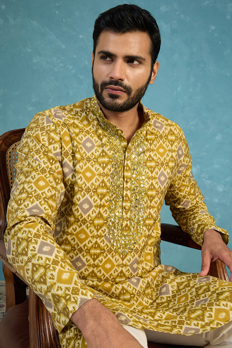 Green Silk Blend Ethnic Motifs Ikat Printed Kurta MKU1894
