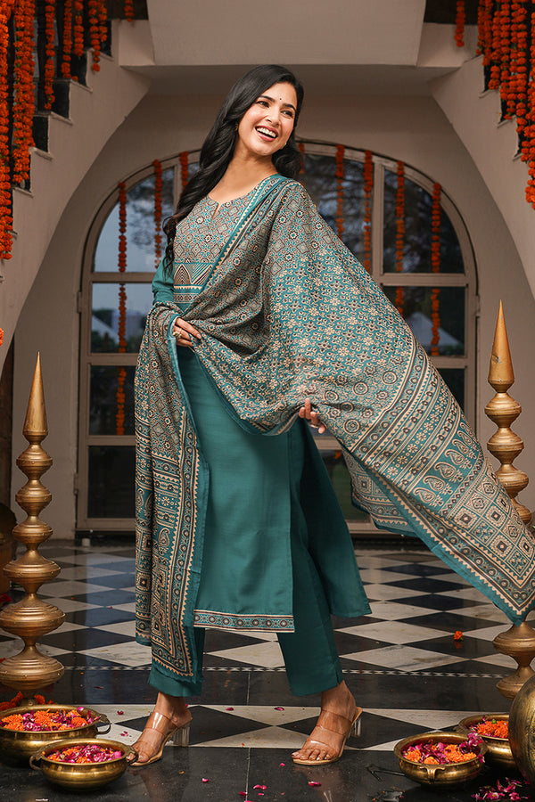 Teal Cotton Blend Ajrakh Printed Straight Kurta Trousers With Dupatta PKSKD3082