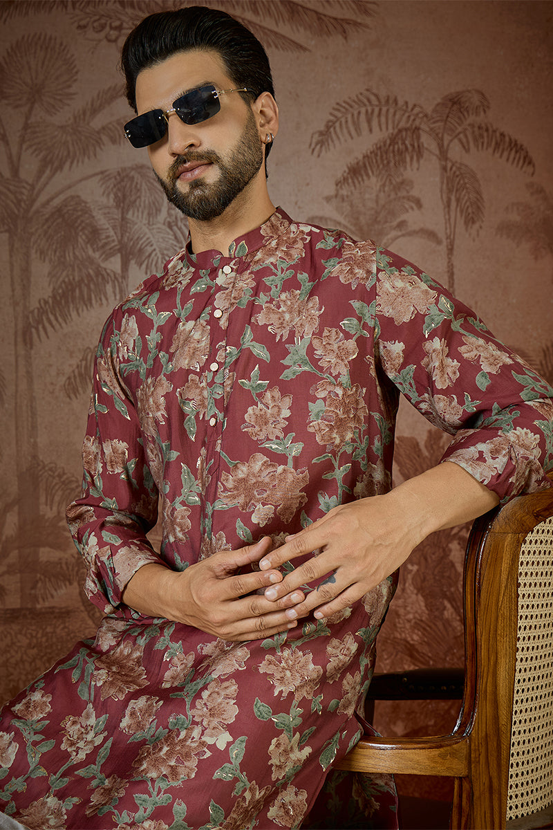 Maroon Silk Blend Floral Printed Kurta With Trouser MKSET2541