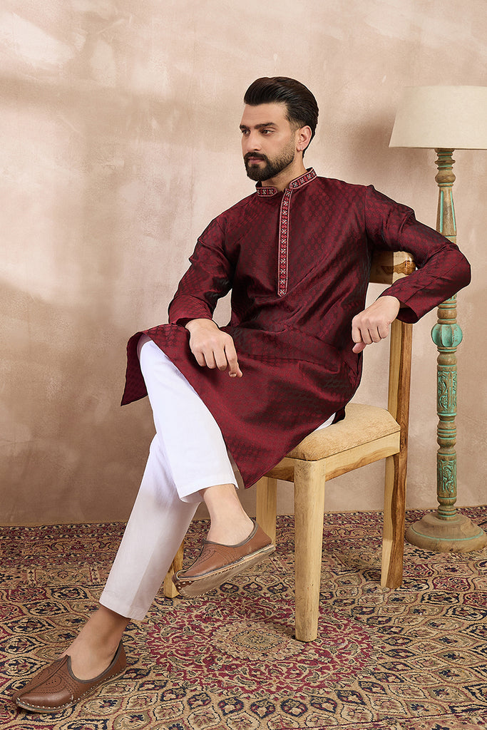 Maroon Silk Blend Solid Woven Design Straight Kurta With Trouser MKSET1896