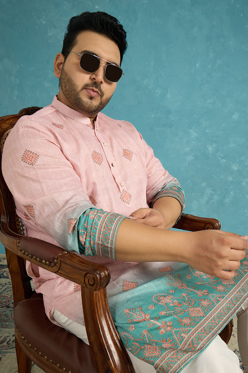 Peach Silk Blend Geometric Sequins Printed Kurta MKU2348