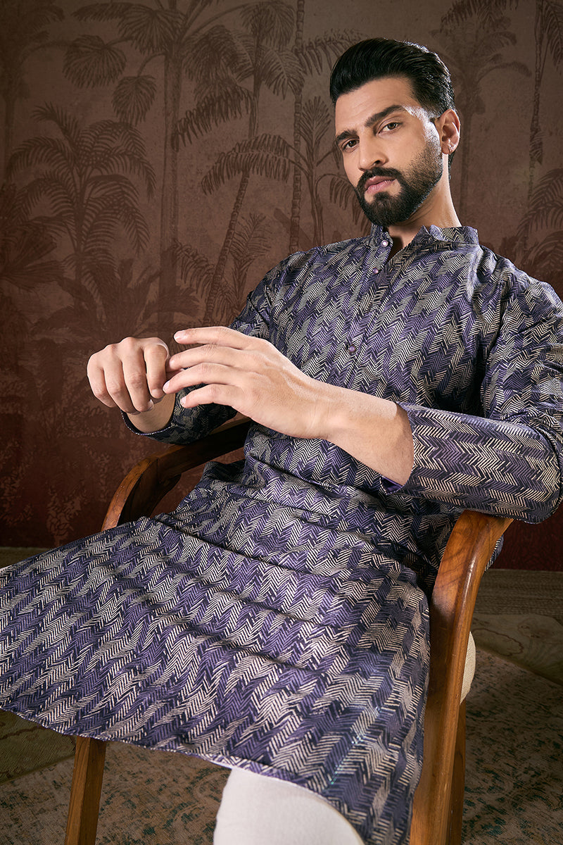 Violet Silk Blend Chevron Printed Straight Kurta With Trouser MKSET1917