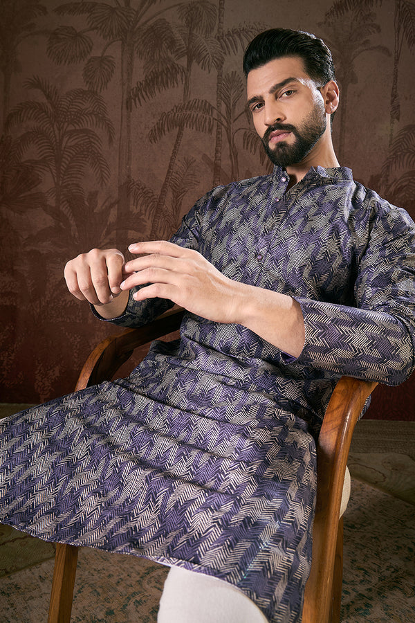 Violet Silk Blend Chevron Printed Straight Kurta With Trouser MKSET1917