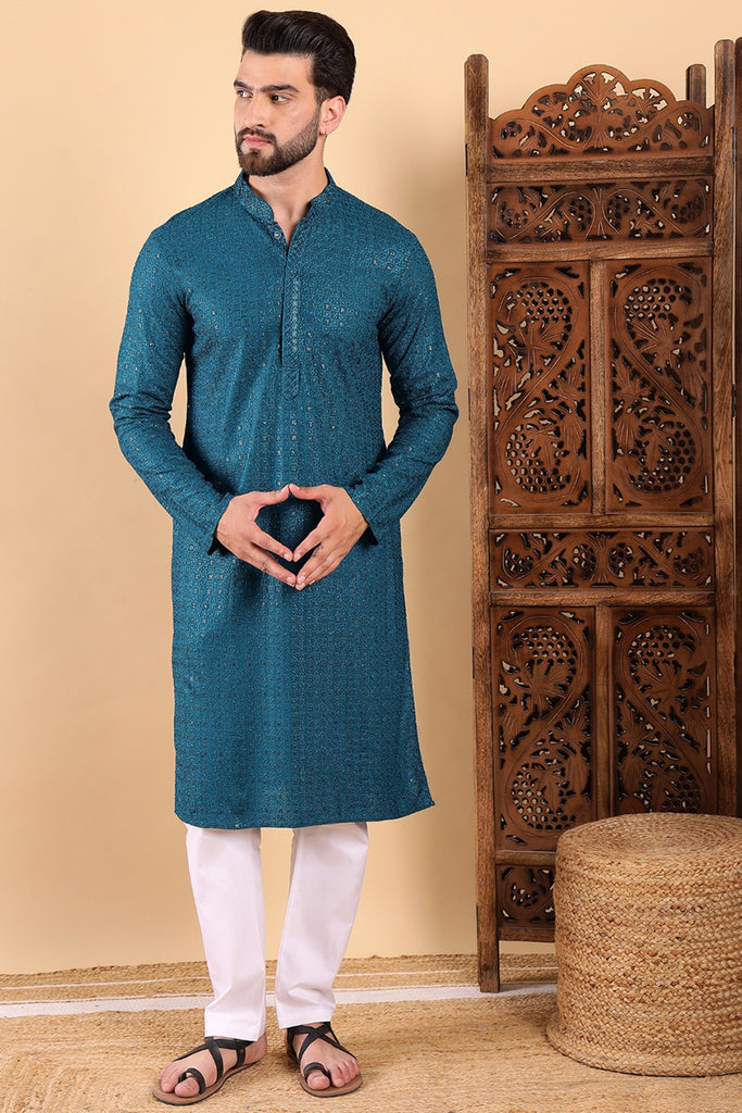 Teal Viscose Rayon Solid Embroidered Straight Kurta For Men MKU1022TIL