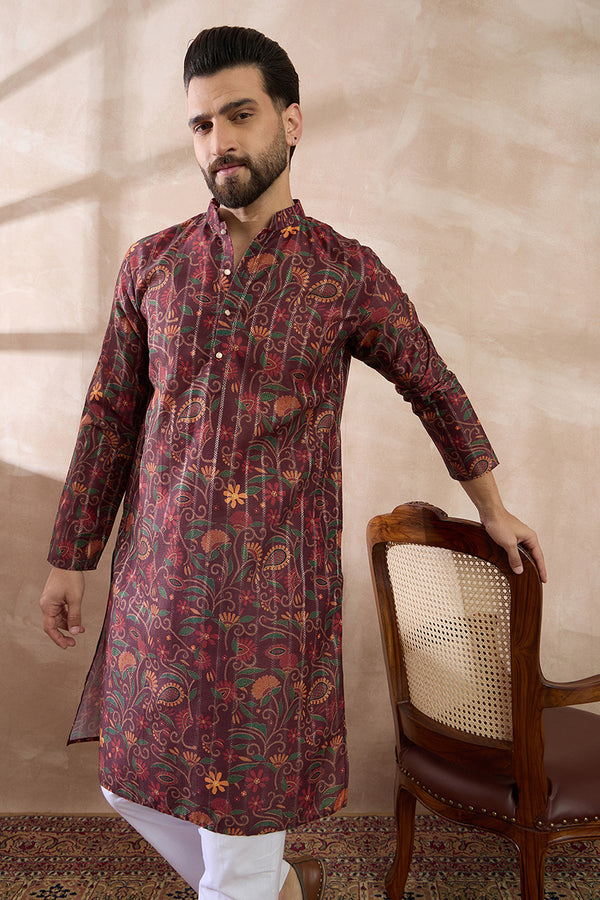 Maroon Silk Blend Printed Mandarin Collar Straight Kurta MKU2024