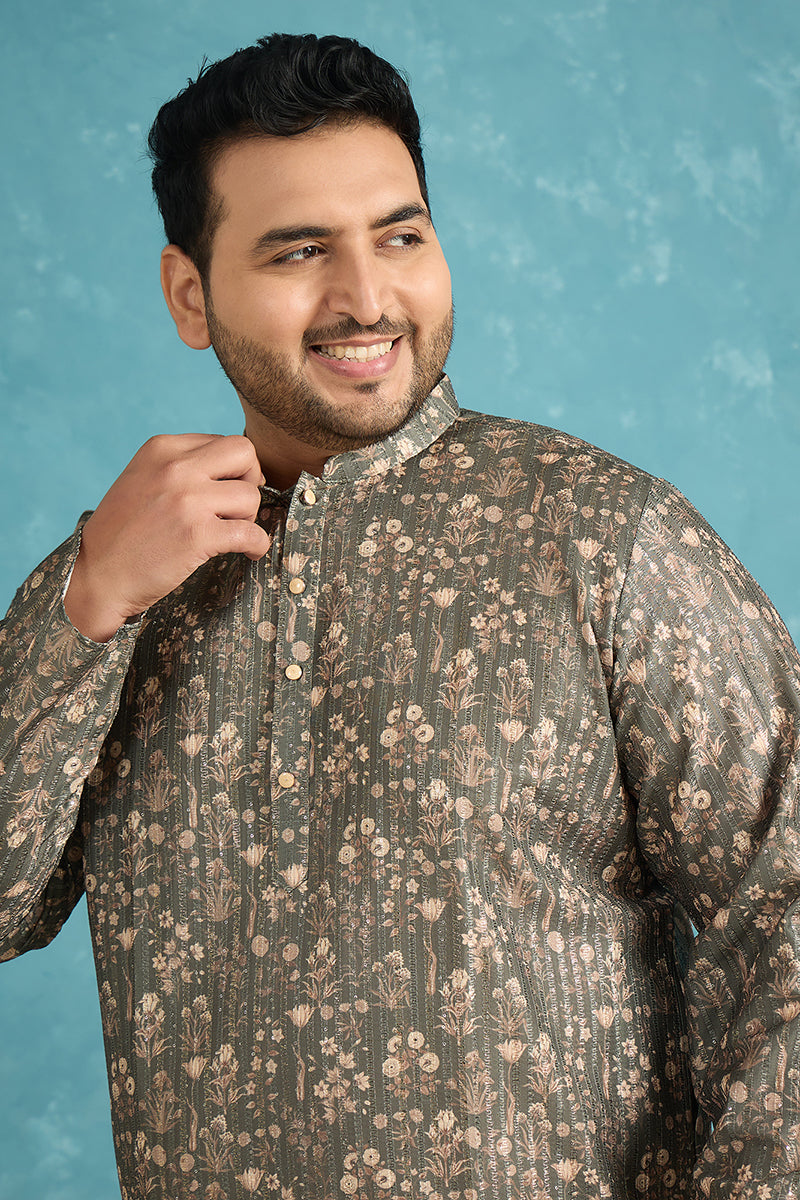 Olive Silk Blend Floral Printed Kurta MKU1911