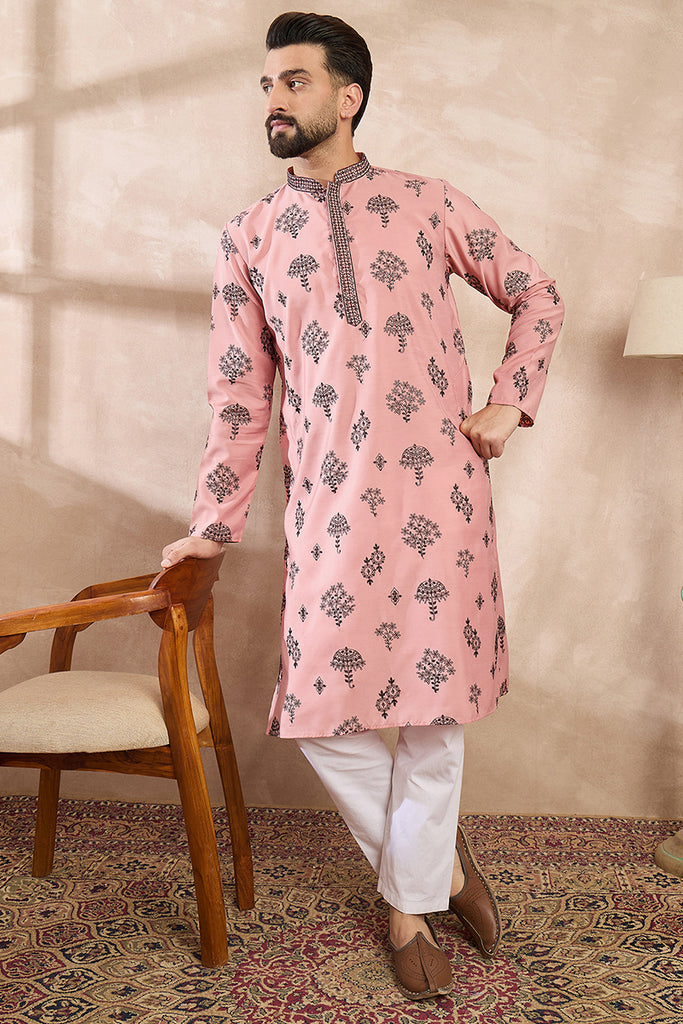 Peach Silk Blend Solid Embroidered Straight Kurta With Trouser MKSET1804