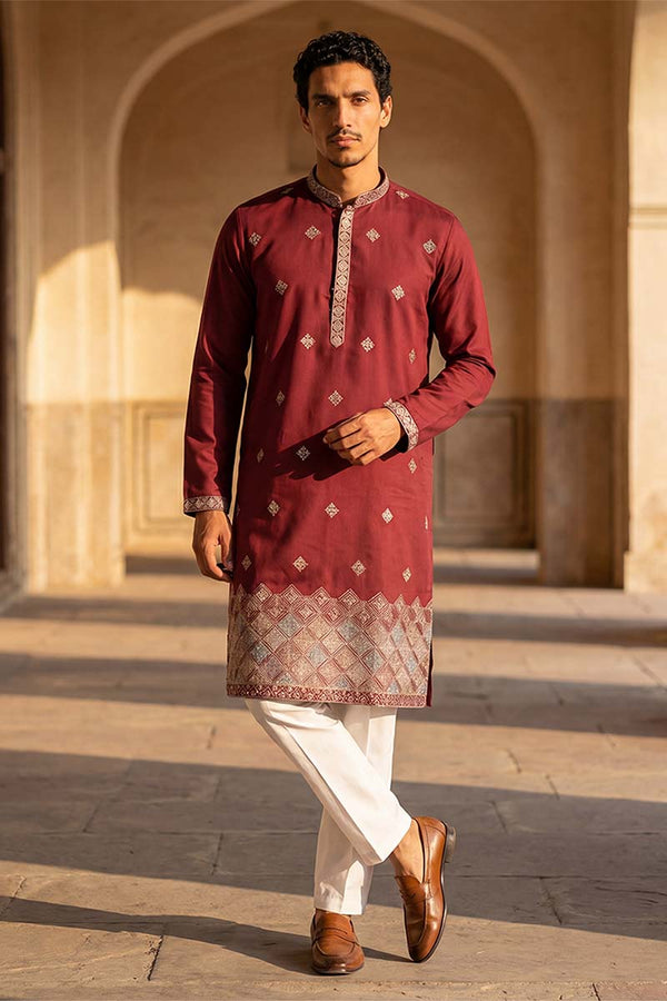 Silk Blend Maroon Solid Embroidered Calf Length Straight Kurta MKU2100