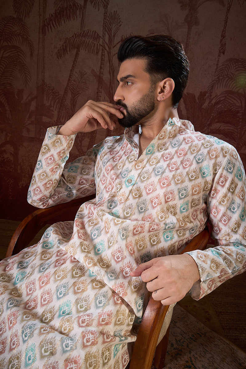 White Silk Blend Ethnic Motifs Printed Straight Kurta MKU1924
