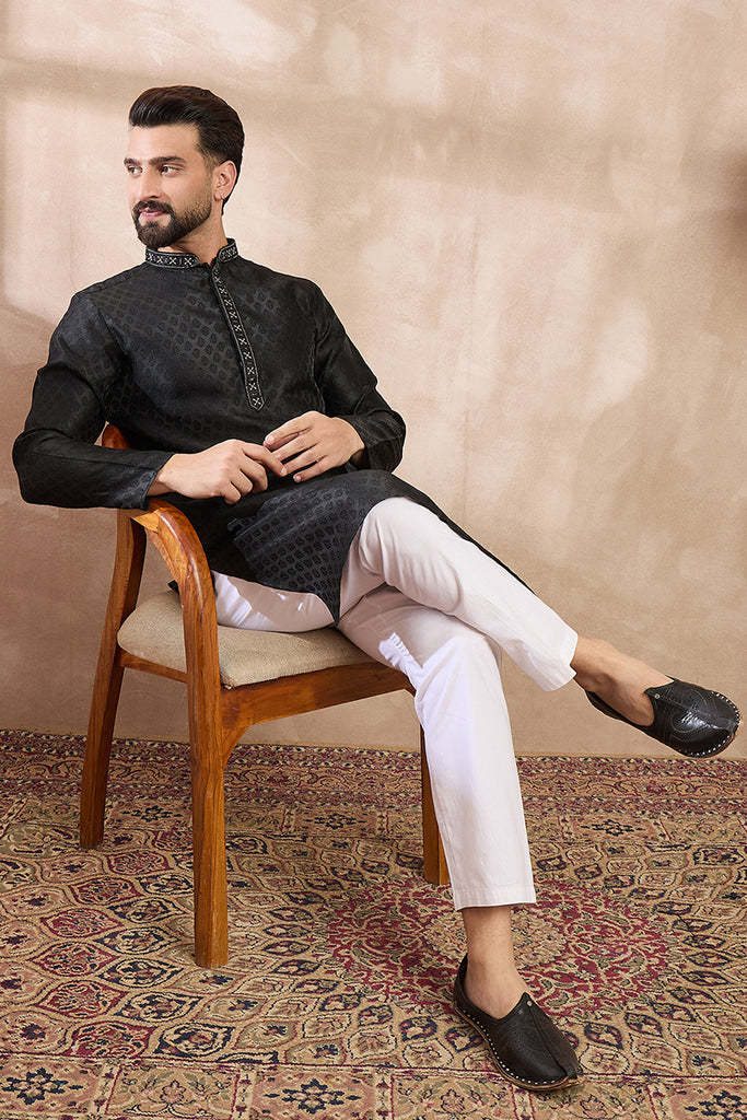 Black Silk Blend Solid Woven Design Straight Kurta With Trouser MKSET1854