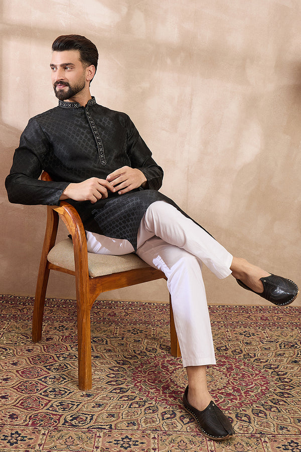 Black Silk Blend Solid Woven Design Straight Kurta With Trouser MKSET1854