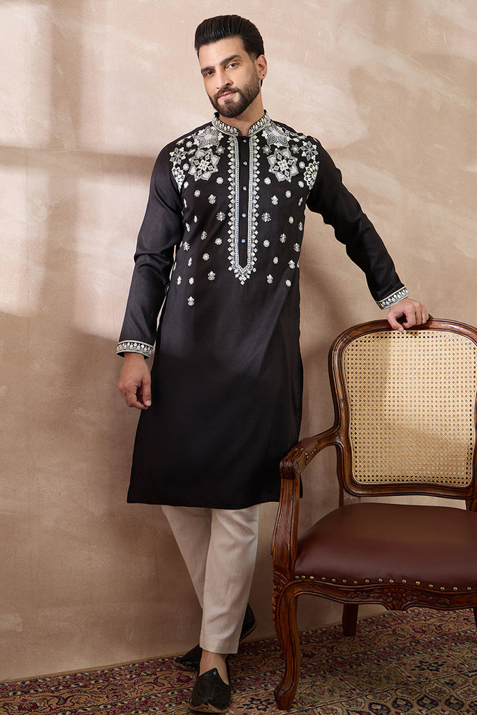 Black Silk Blend Embroidered Mandarin Collar Straight Kurta With Trouser MKSET1884