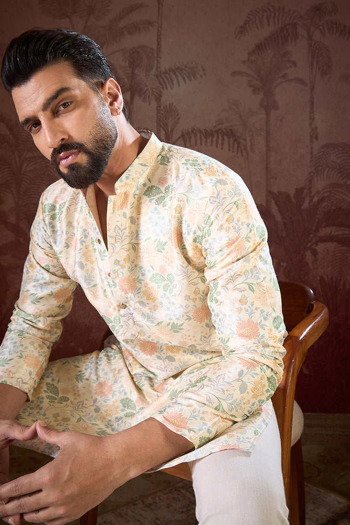 Off White Silk Blend Floral Printed Straight Kurta MKU1915