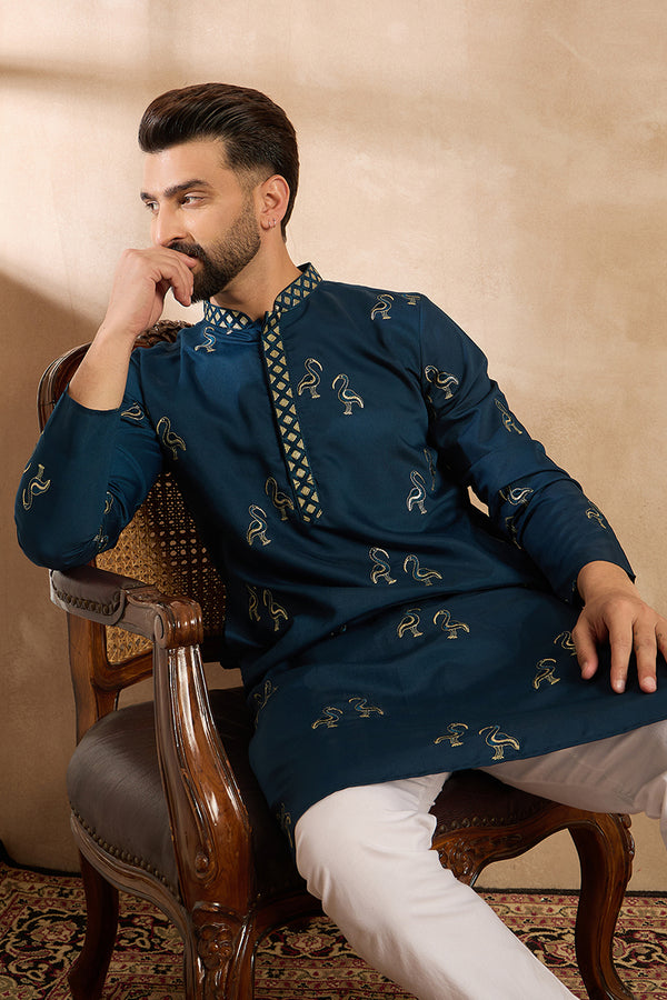Navy Blue Silk Blend Solid Embroidered Straight Kurta With Trouser MKSET1816