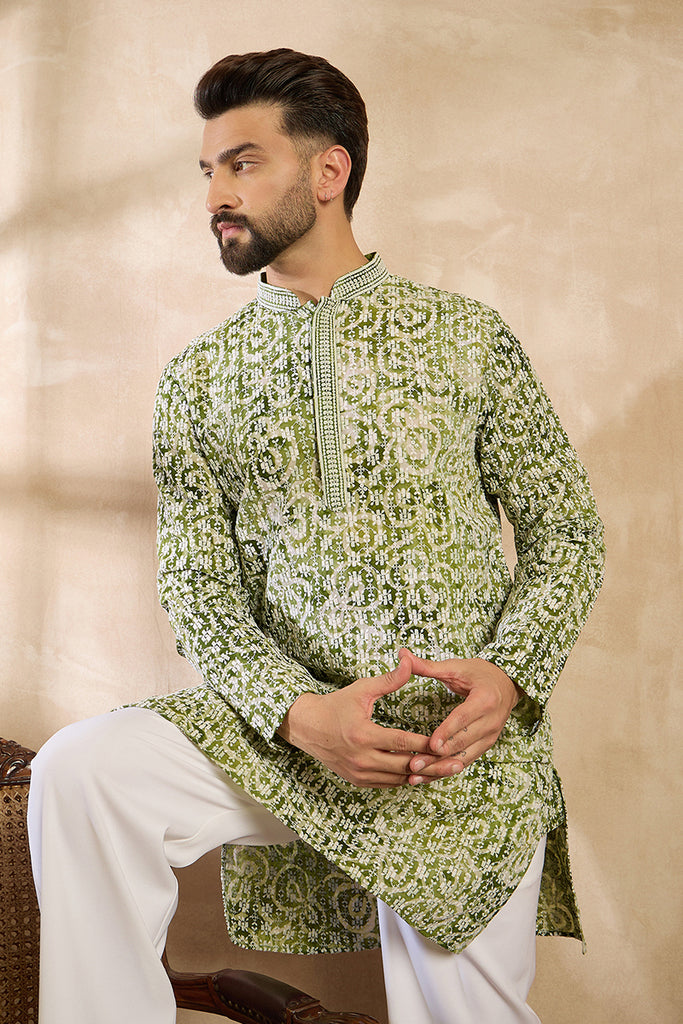 Green Viscose Rayon Batik Embroidered Straight Kurta MKU1717