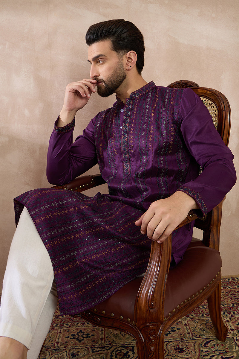 Purple Silk Blend Embroidered Mandarin Collar Straight Kurta With Trouser MKSET2038