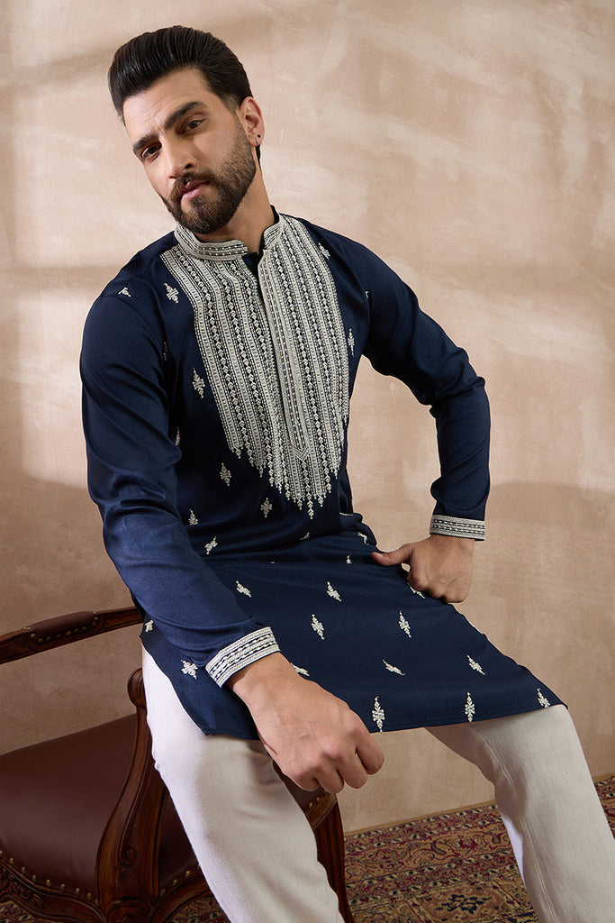 Navy Blue Silk Blend Embroidered Mandarin Collar Straight Kurta With Trouser MKSET1795