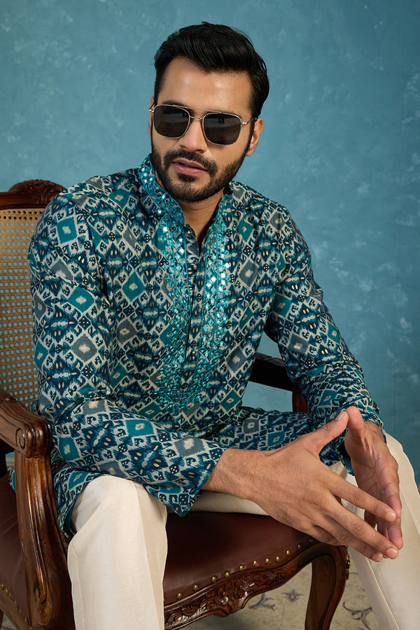 Sea Green Silk Blend Ethnic Motifs Ikat Printed Kurta MKU1893