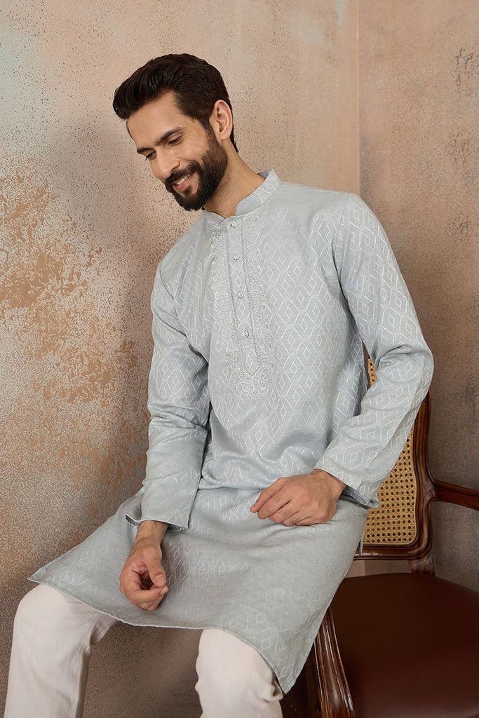 Blue Linen Self Design Embroidered Kurta MKU2367