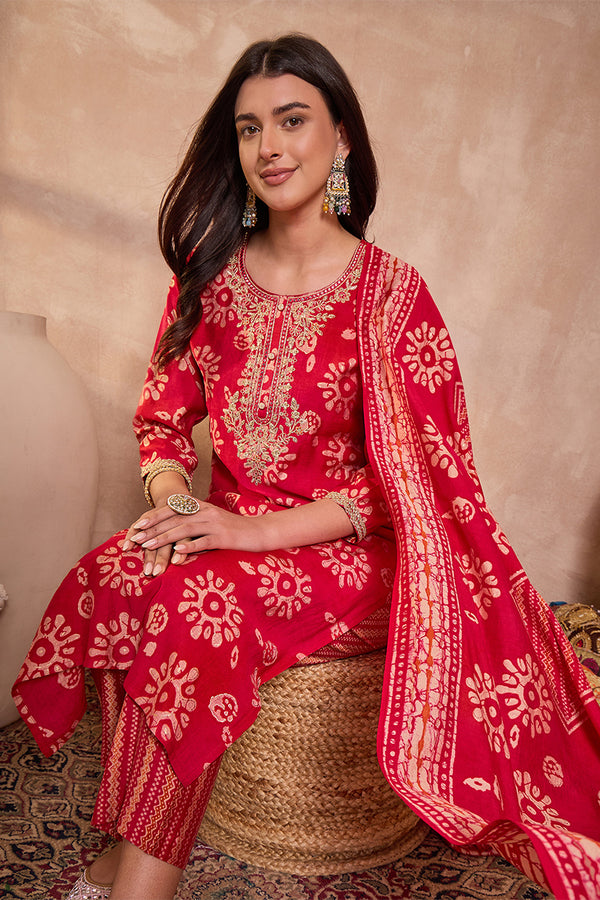 Pink Rayon Blend Floral Printed Straight Kurta Trouser With Dupatta VKSKD3214