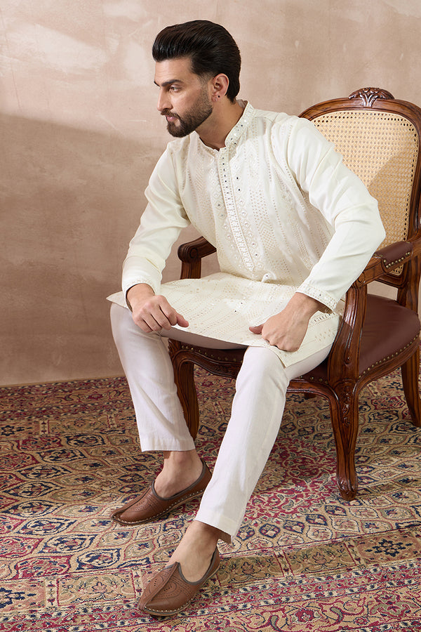 White Silk Blend Embroidered Mandarin Collar Straight Kurta With Trouser MKSET1891