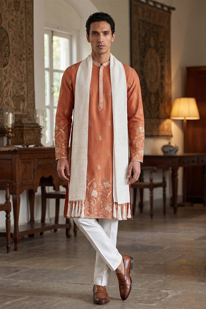Peach Vartican Solid Embroidered Straight Kurta Sets MKUD1935