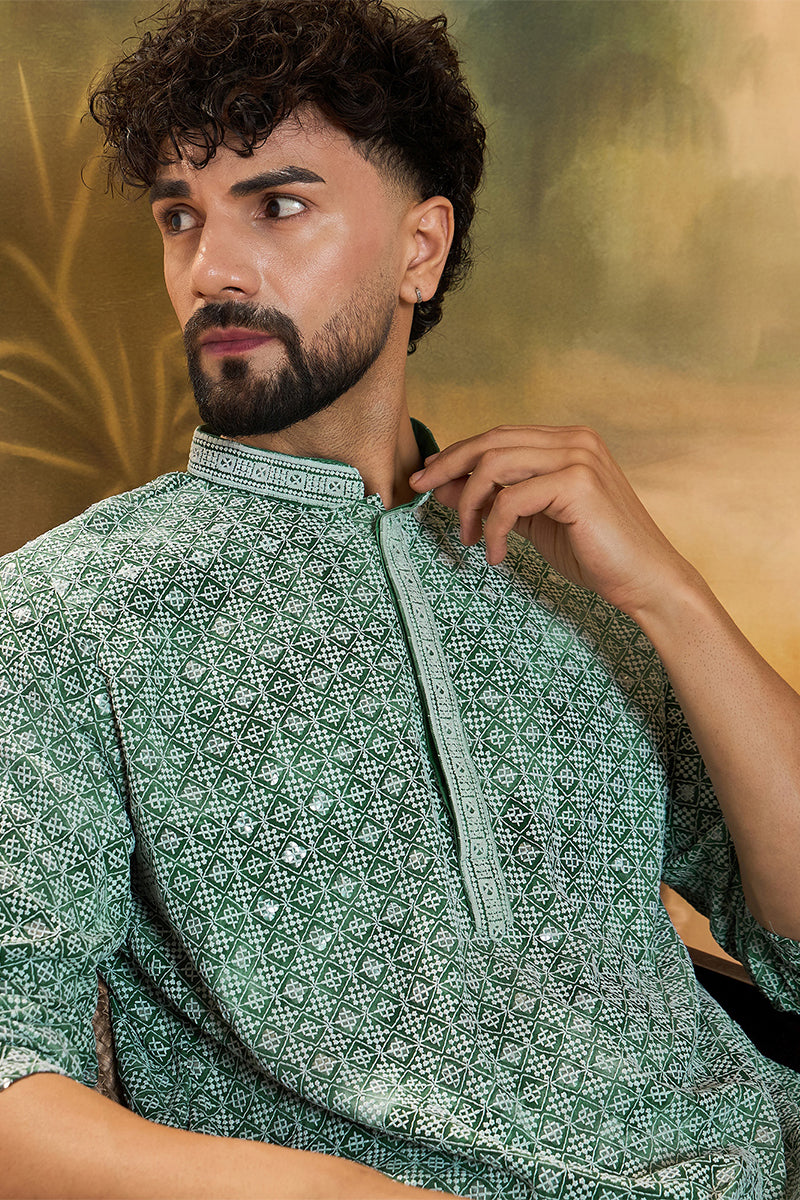 Green Viscose Rayon Shibori Embroidered Straight Kurta with Trouser MKSET1485