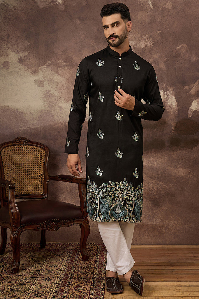 Black Silk Blend Solid Embroidered Straight Kurta with Trouser MKSET1348