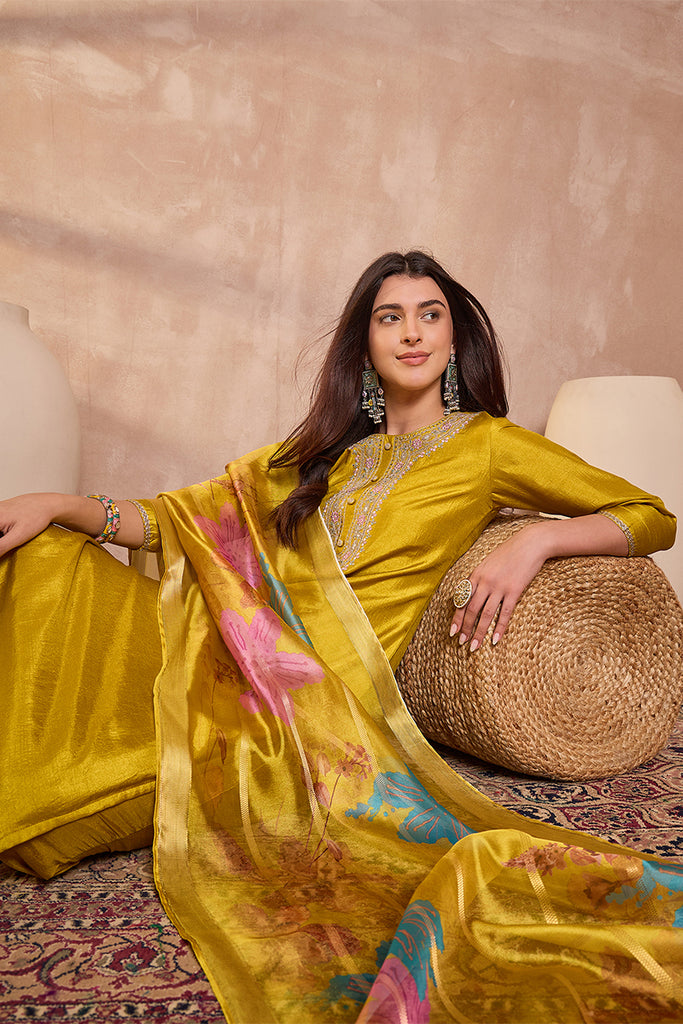 Yellow Silk Blend Solid Embroidered Straight Kurta Trouser With Dupatta PKSKD3102