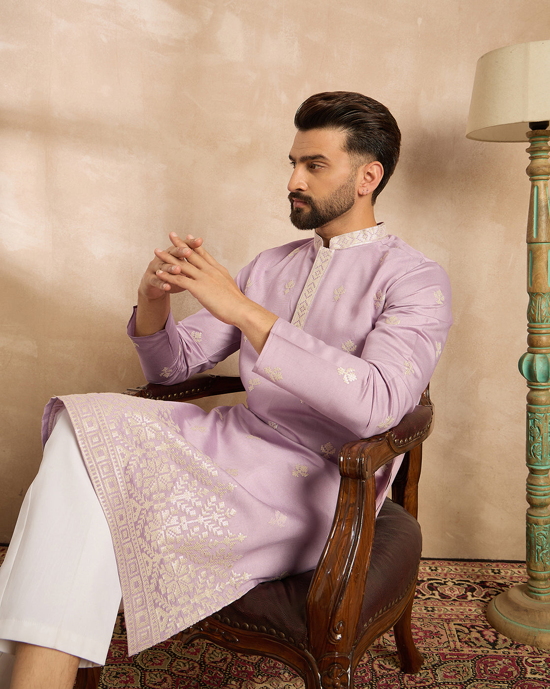 Lavender Polyester Solid Embroidered Straight Kurta MKU1753