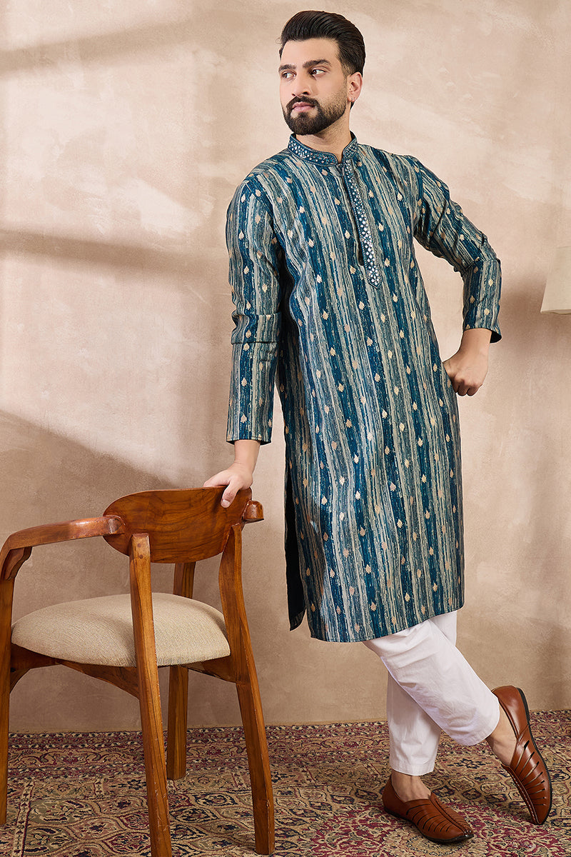 Turquoise Blue Silk Blend Abstract Printed Straight Kurta MKU2005