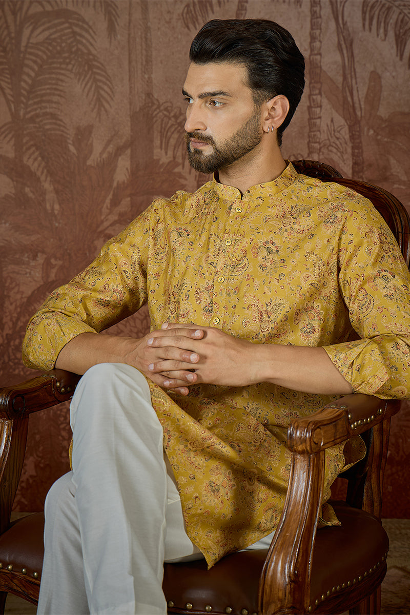 Mustard Silk Blend Ethnic Motifs Printed Kurta With Trouser MKSET2559
