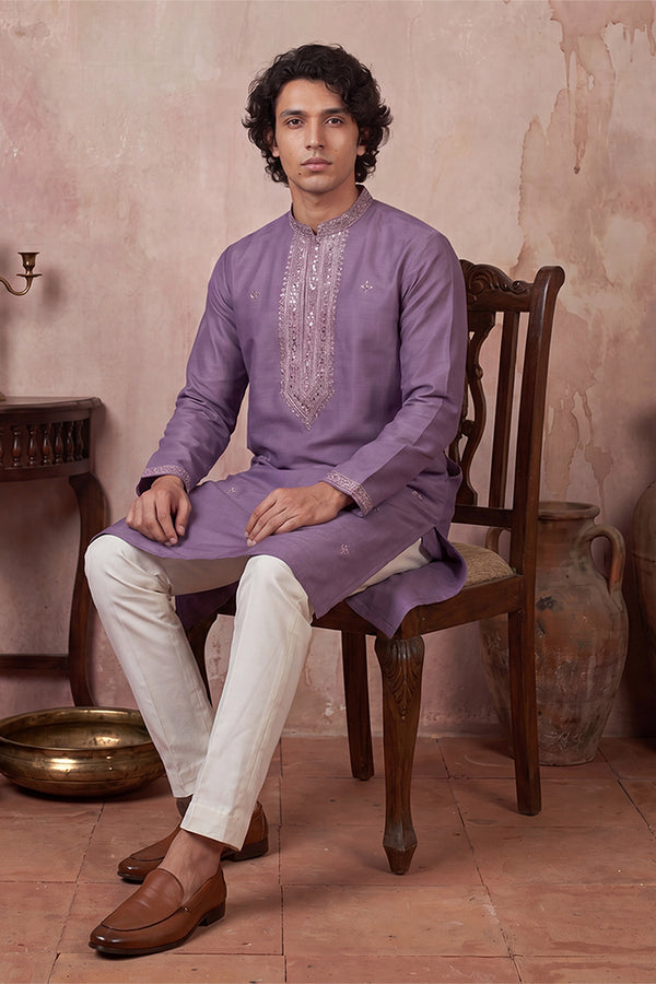 Lavender Silk Blend Solid Emboidered Sequins Kurta MKU2277